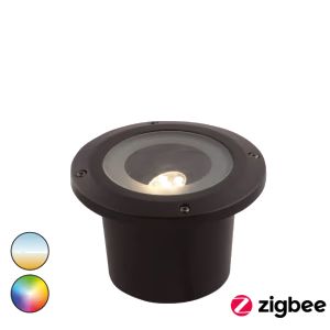 Juodas apvalus įleidžiamas grunto šviestuvas su stikliniu gaubtu ir LED lempute