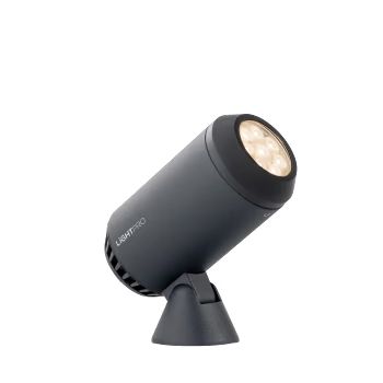 Juodas cilindrinis lauko prožektorius „Lightpro“ su reguliuojamu stovu ir šviečiančiais LED diodais