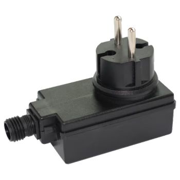 Juodas apšvietimo transformatorius su elektros kištuku ir sriegine jungtimi
