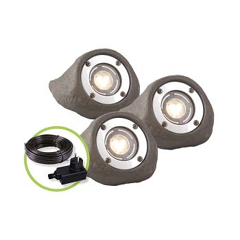 Trys akmens formos LED prožektoriai su maitinimo adapteriu ir laido rite