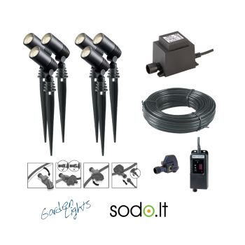 Įsmeigiamų sodo LED prožektorių komplektas su transformatoriumi, kabelio rite ir jungtimis