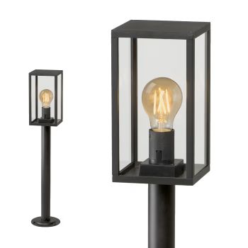 Juodas takelio šviestuvas su stačiakampiu stikliniu gaubtu ir skaidria LED lempute