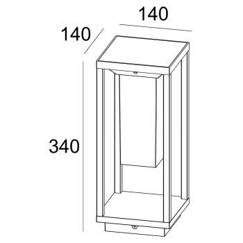 Stačiakampio lauko žibinto techninis brėžinys su matmenimis 140x140x340 mm