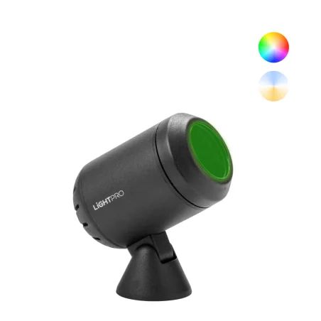 Juodas reguliuojamas lauko prožektorius Lightpro su žaliai šviečiančiu lęšiu