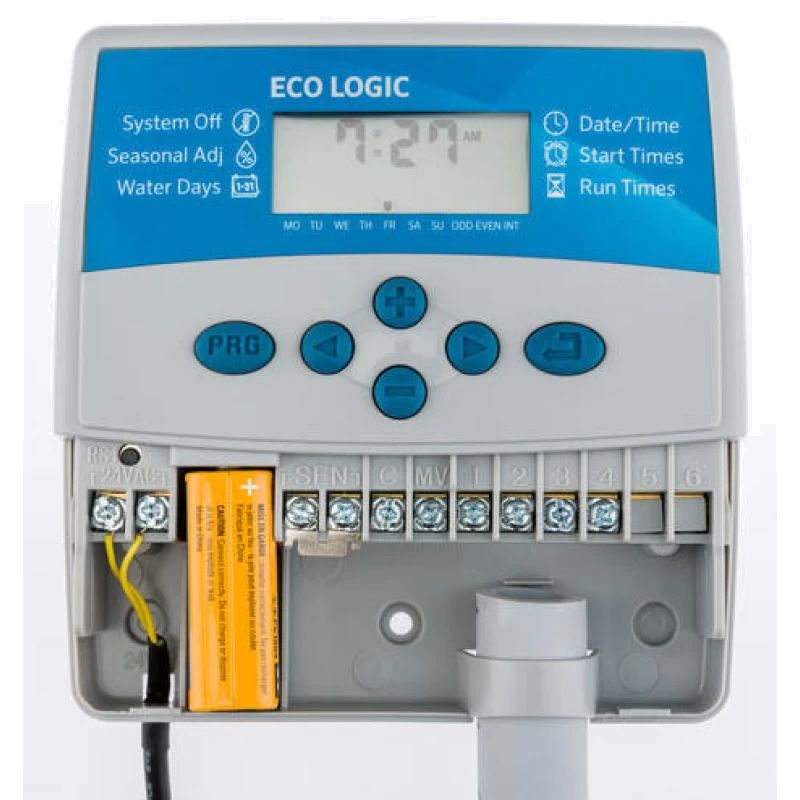 Hunter Eco Logic laistymo valdiklis su LCD ekranu ir atidarytu laidų prijungimo skyriumi