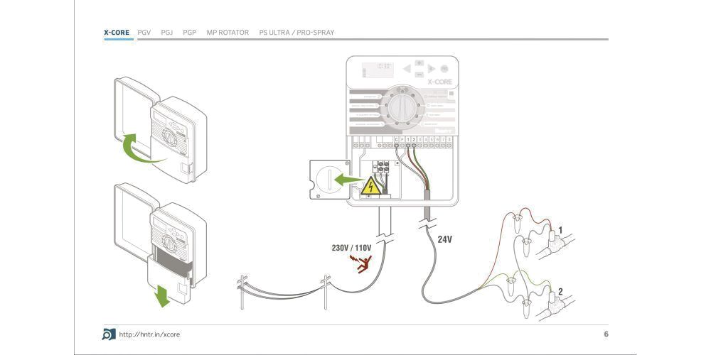 Laistymo valdiklio Hunter X-Core elektros ir elektromagnetinių vožtuvų pajungimo schema