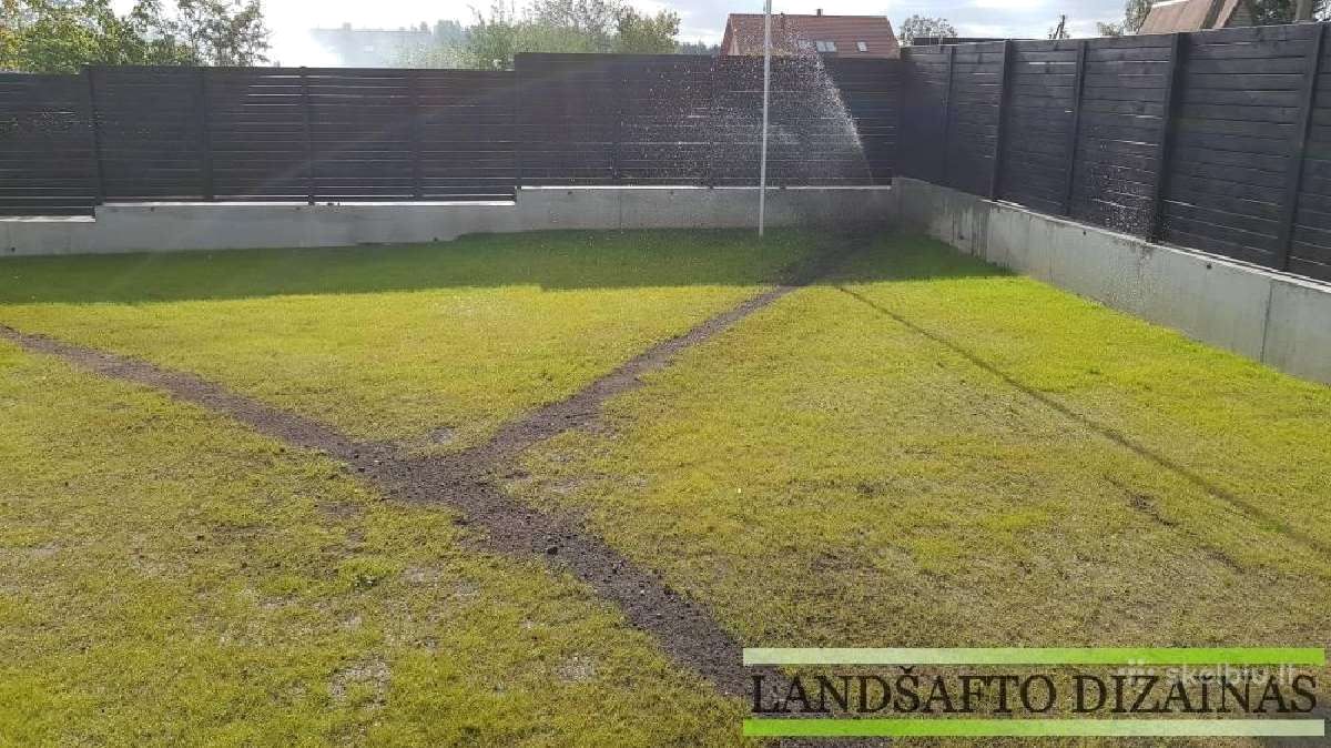 Purkštuvas laisto veją kieme su užkastomis laistymo sistemos tranšėjomis