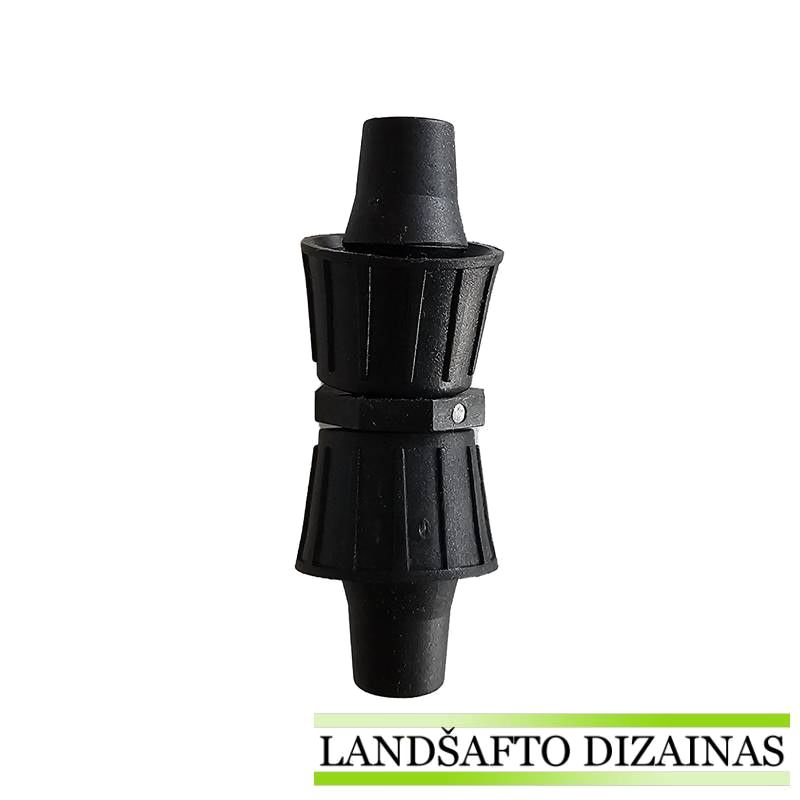 Juodas plastikinis tiesus sujungimas 16 mm lašeliniam vamzdžiui su užveržiamomis veržlėmis