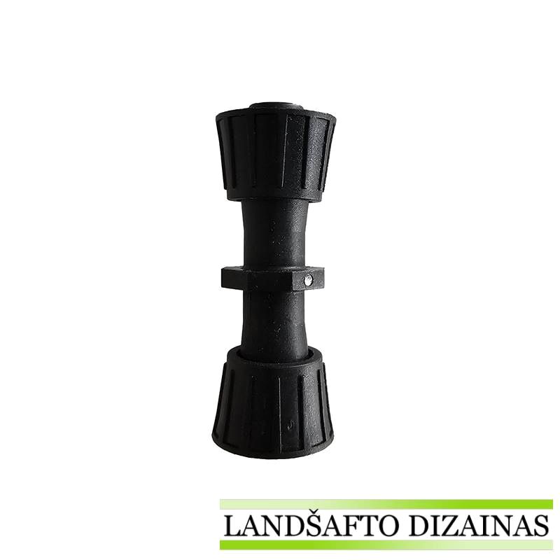 Juodas plastikinis sujungimas 16 mm lašeliniam vamzdžiui su užveržiamomis veržlėmis