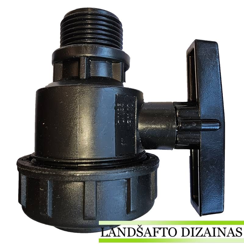 Juodas plastikinis rutulinis ventilis su išoriniu sriegiu ir pasukama rankenėle