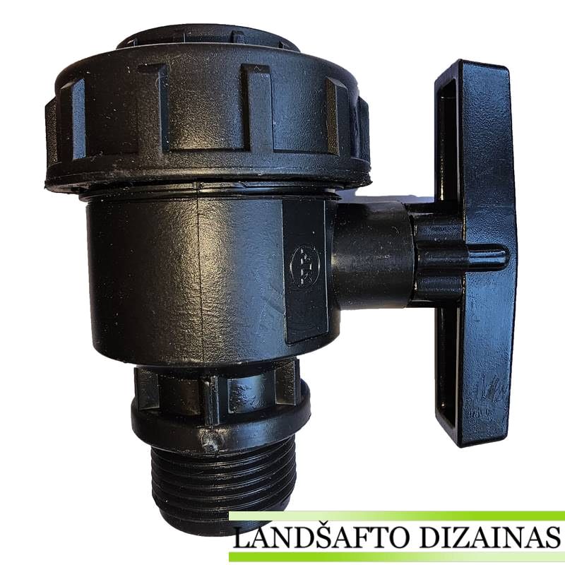 Juodas plastikinis rutulinis ventilis su rankenėle ir sriegine jungtimi