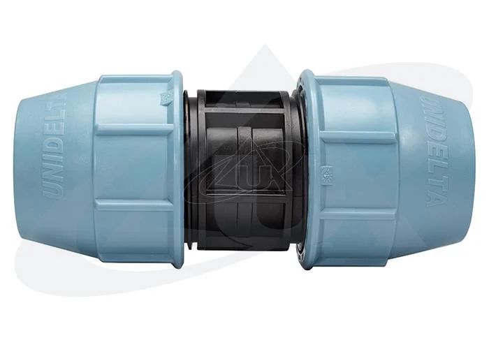 Plastikinė kompresinė 32 mm vamzdžių sujungimo mova su mėlynomis užveržimo veržlėmis